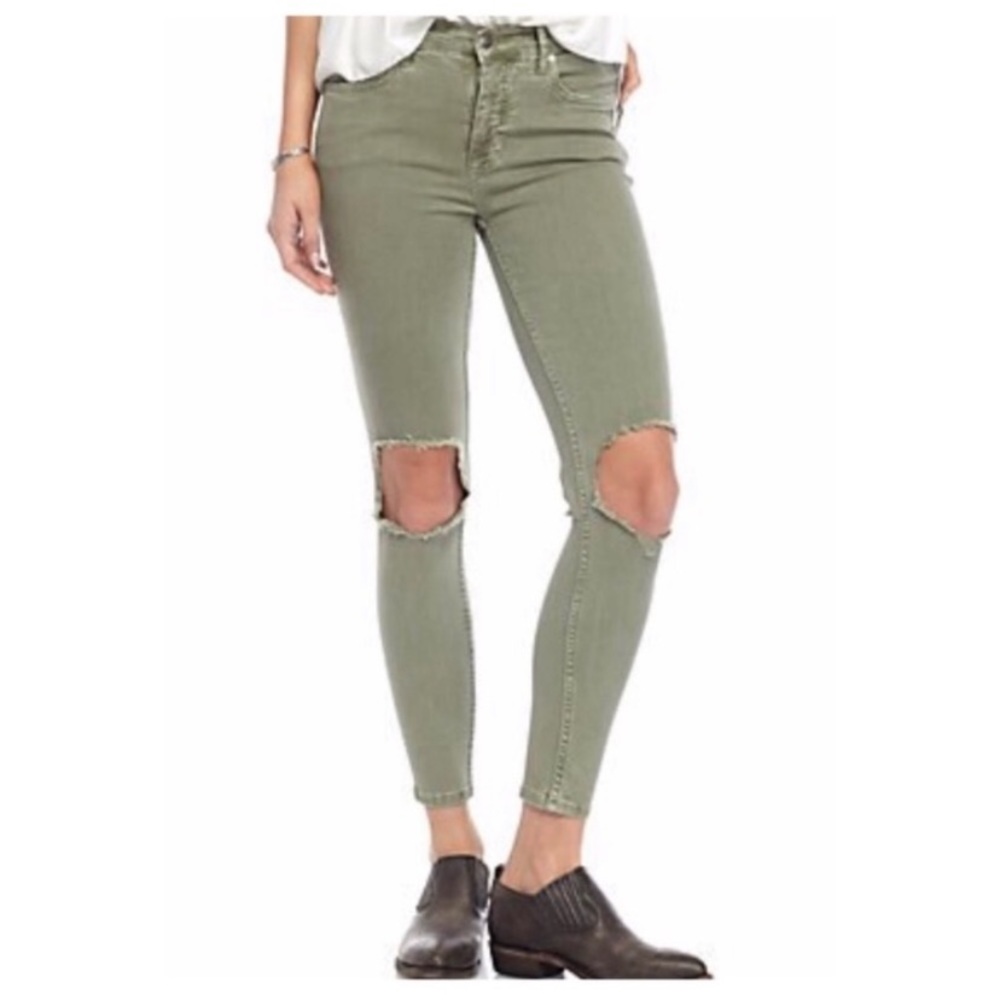 Free People Busted Knee Skinny Jeans in Moss